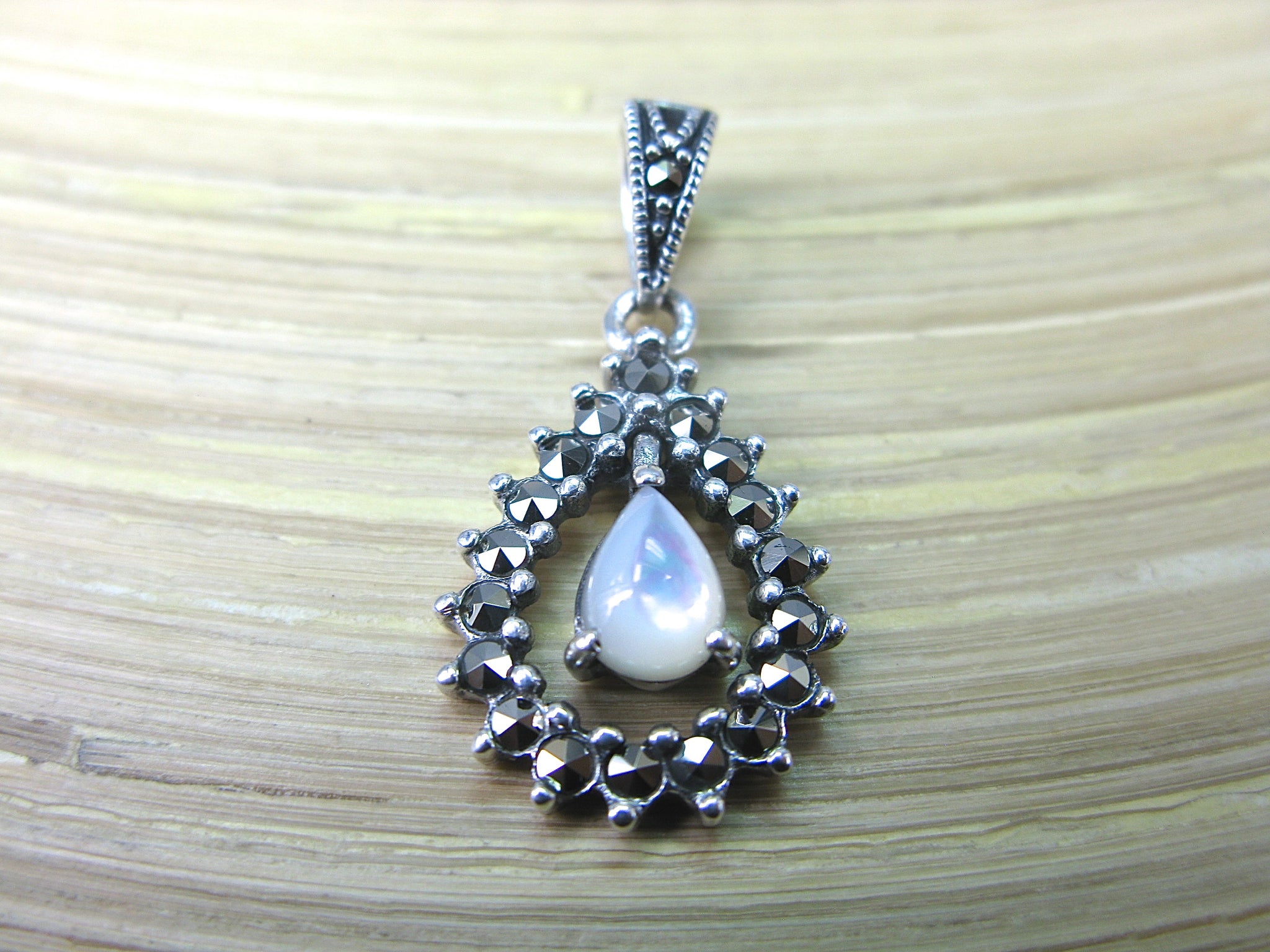 Water Drop Pear Shaped Mother of Pearl Marcasite 925 Sterling Silver Pendant