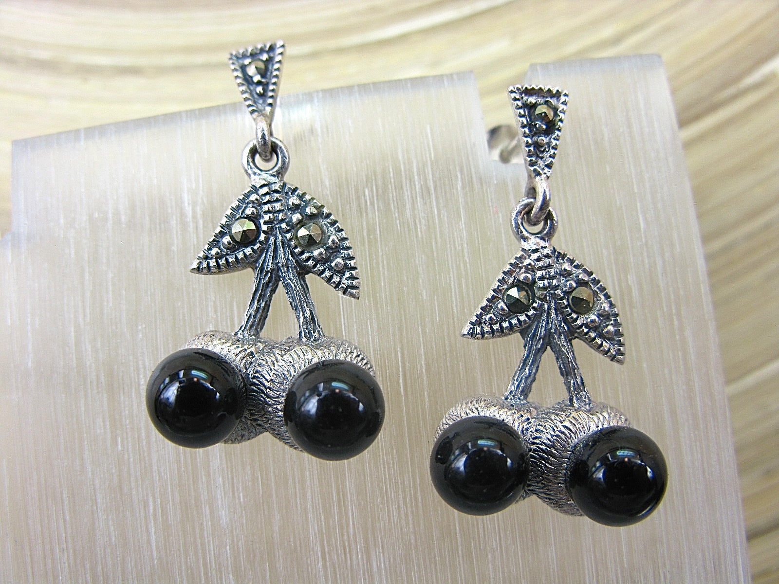 Cherry Marcasite Onyx Dangle 925 Sterling Silver Earrings Earrings - Faith Owl