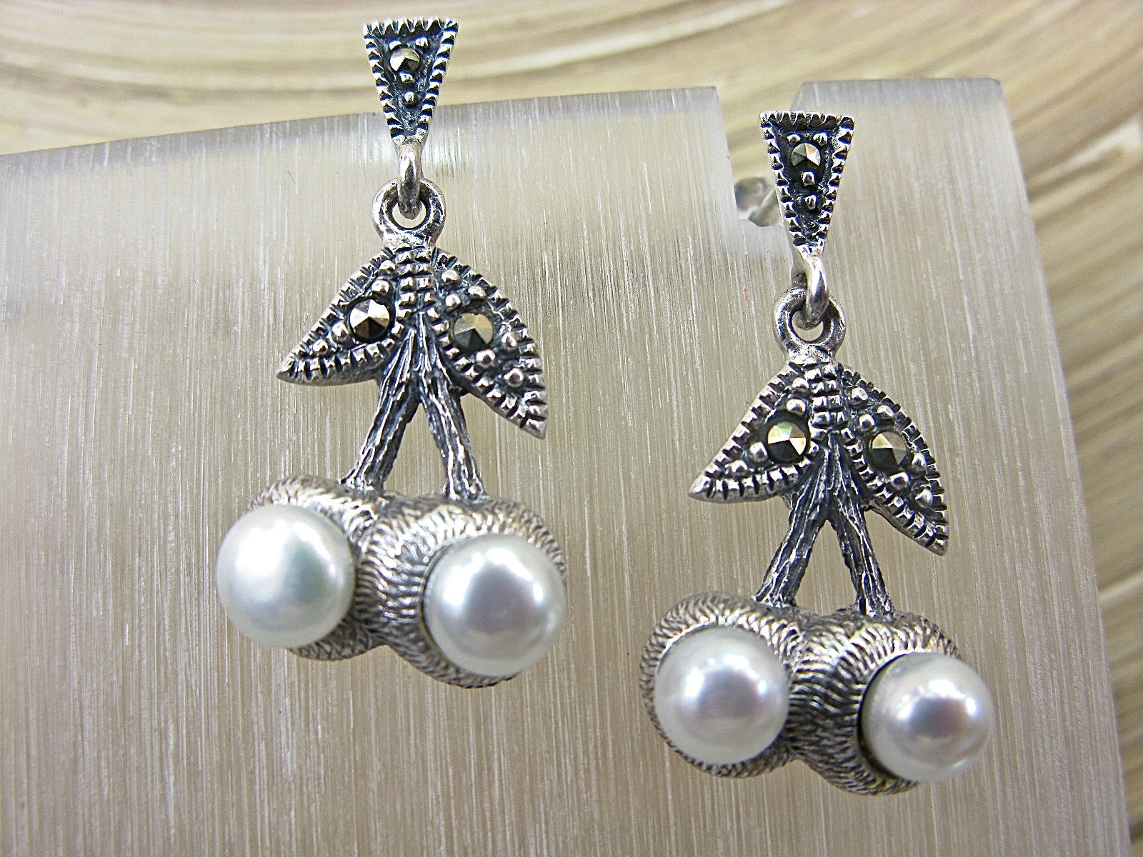 Cherry Marcasite Vintage Pearl Dangle 925 Sterling Silver Earrings Earrings - Faith Owl