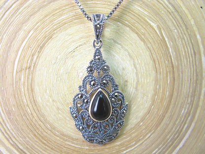 Water Drop Pear Shaped Onyx Fiigree Marcasite 925 Sterling Silver Pendant