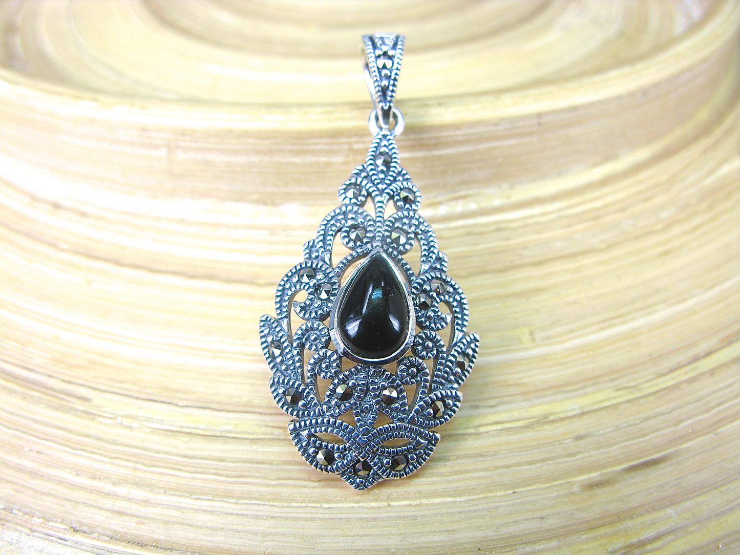 Water Drop Pear Shaped Onyx Fiigree Marcasite 925 Sterling Silver Pendant