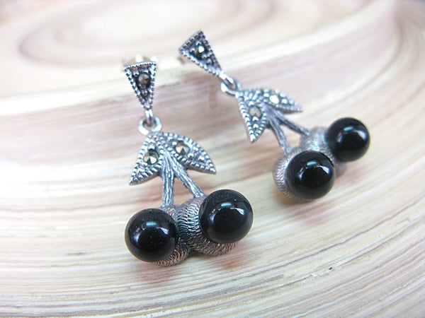 Cherry Marcasite Onyx Dangle 925 Sterling Silver Earrings Earrings - Faith Owl