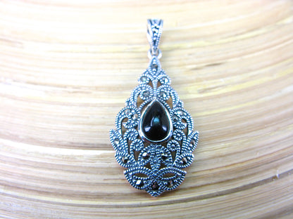 Water Drop Pear Shaped Onyx Fiigree Marcasite 925 Sterling Silver Pendant