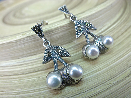 Cherry Marcasite Vintage Pearl Dangle 925 Sterling Silver Earrings Earrings - Faith Owl