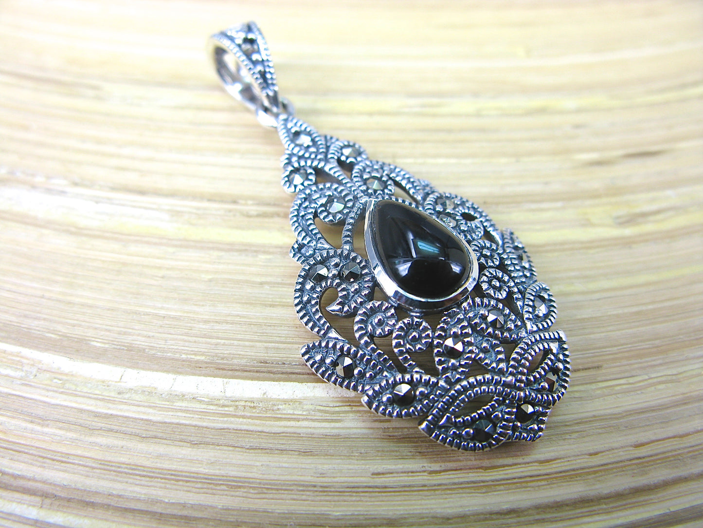 Water Drop Pear Shaped Onyx Fiigree Marcasite 925 Sterling Silver Pendant