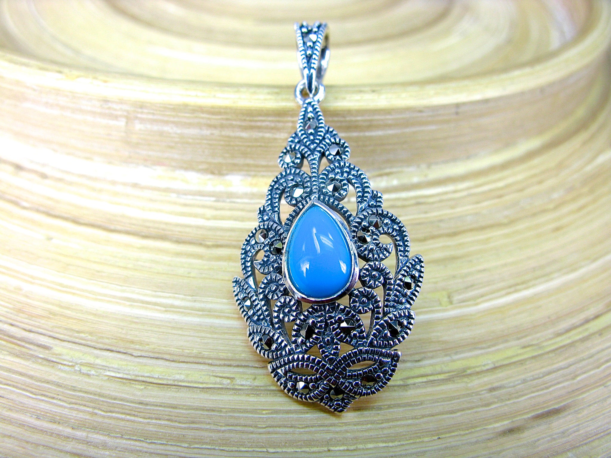 Water Drop Pear Shaped Turquoise Fiigree Marcasite 925 Sterling Silver Pendant