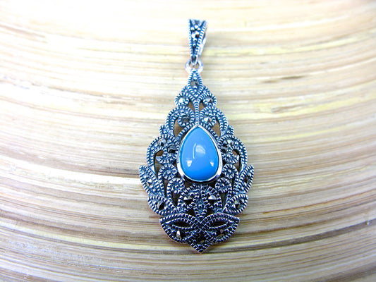 Water Drop Pear Shaped Turquoise Fiigree Marcasite 925 Sterling Silver Pendant