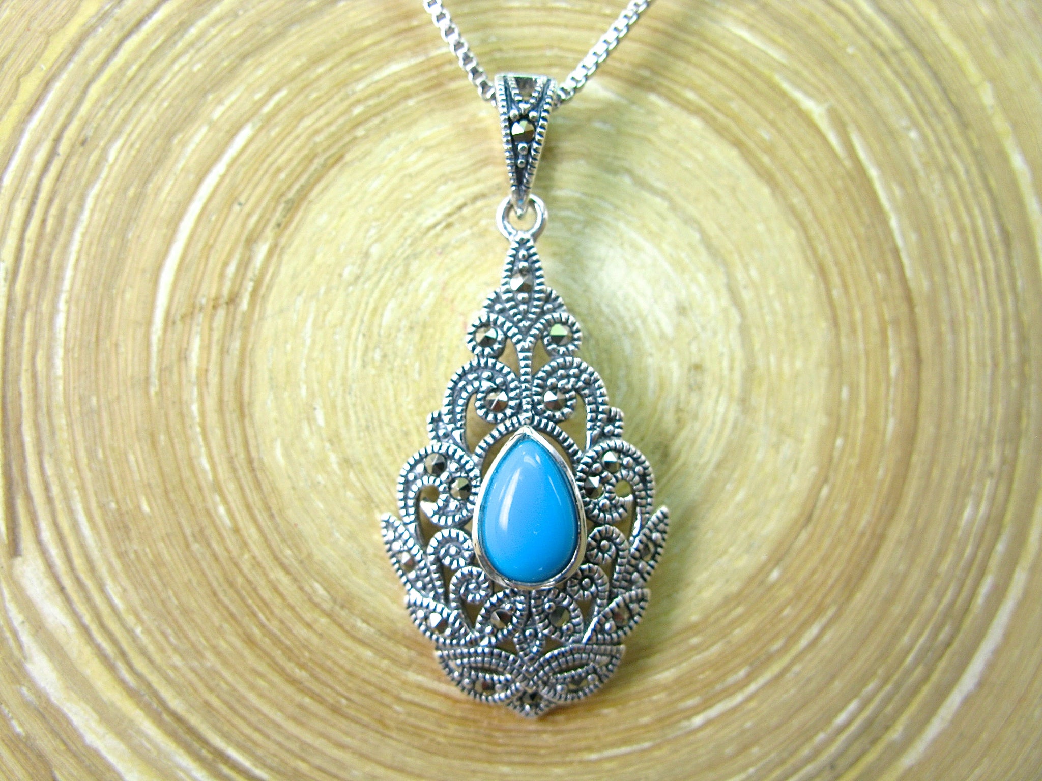 Water Drop Pear Shaped Turquoise Fiigree Marcasite 925 Sterling Silver Pendant