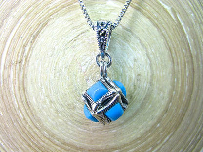 Cube Box Marcasite Turquoise Pendant in 925 Sterling Silver