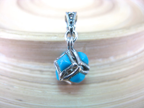 Cube Box Marcasite Turquoise Pendant in 925 Sterling Silver