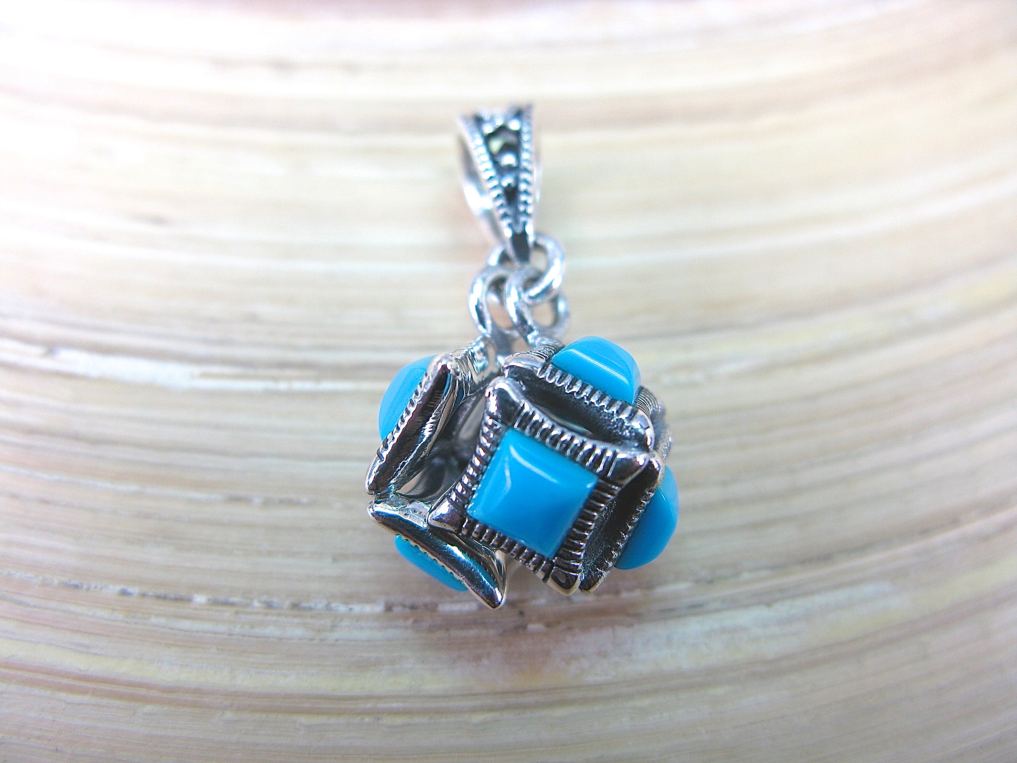Cube Box Marcasite Turquoise Pendant in 925 Sterling Silver
