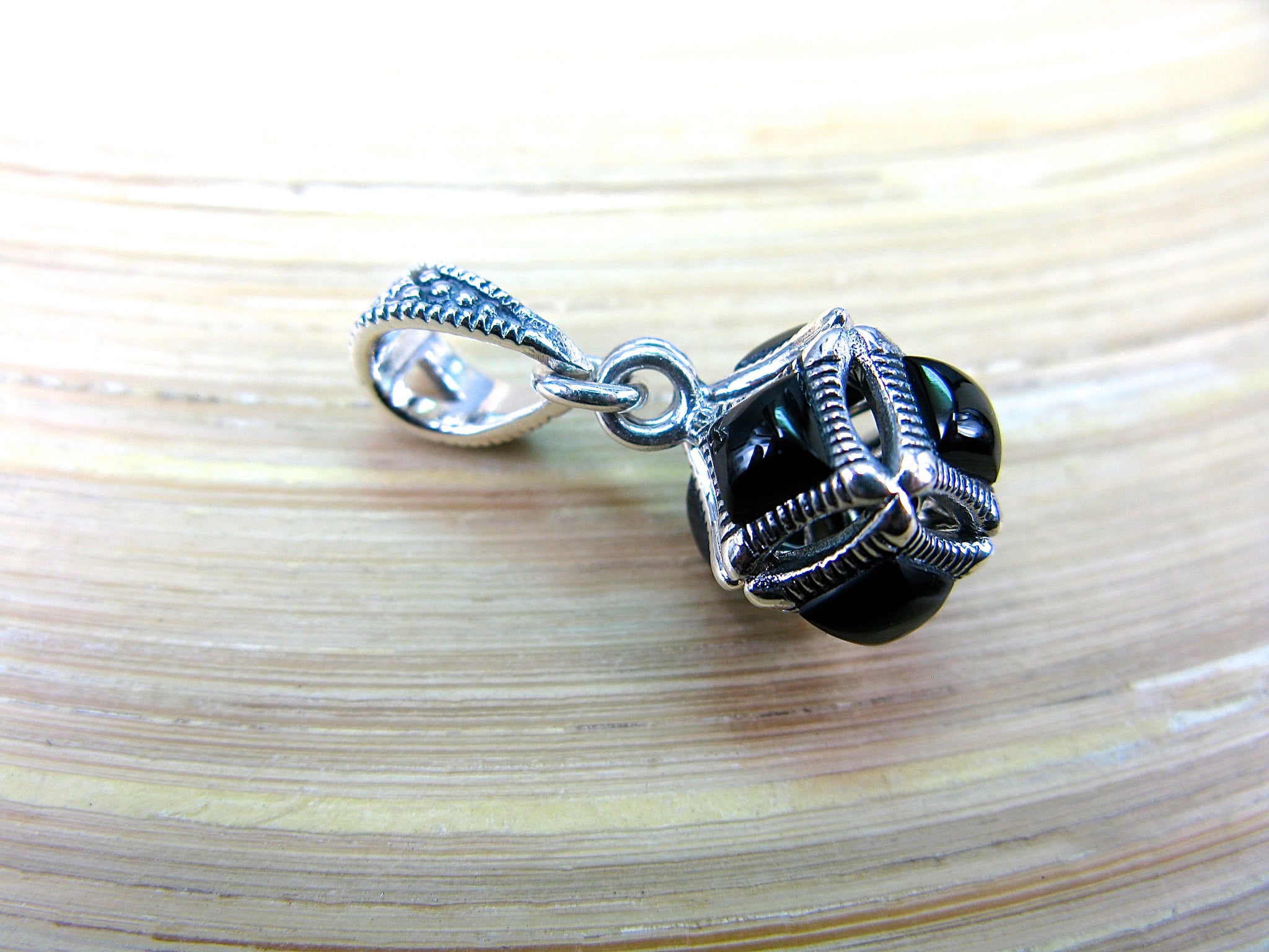 Cube Box Marcasite Onyx Pendant in 925 Sterling Silver