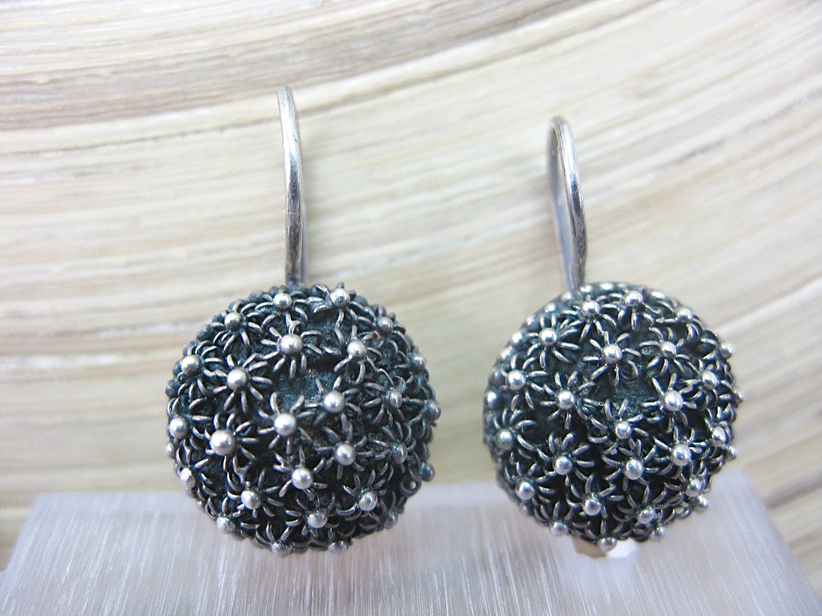 Sea Urchin Balinese Handmade Oxidized 925 Sterling Silver Ear Wire Earrings Earrings Faith Owl - Faith Owl