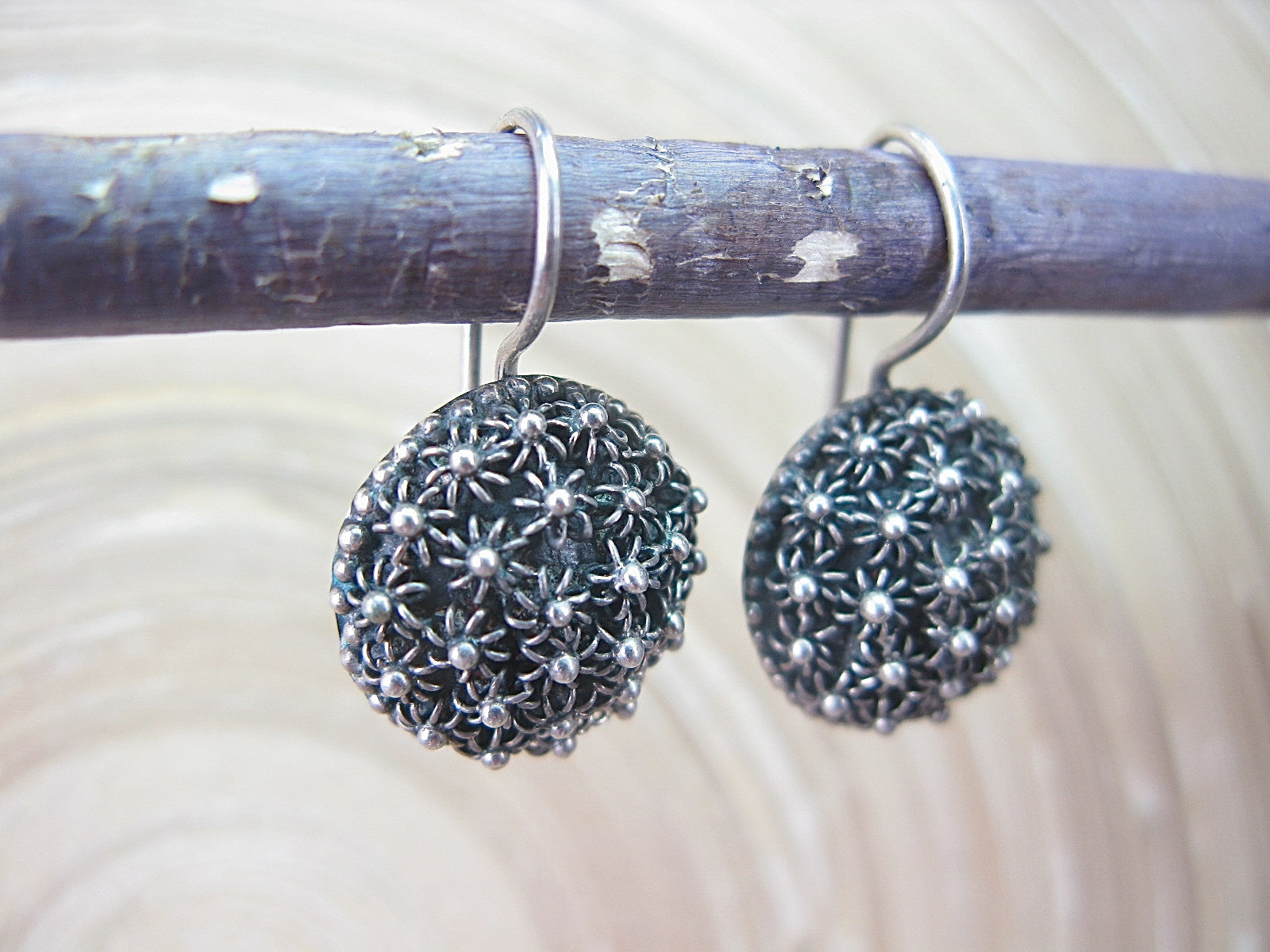Sea Urchin Balinese Handmade Oxidized 925 Sterling Silver Ear Wire Earrings Earrings Faith Owl - Faith Owl