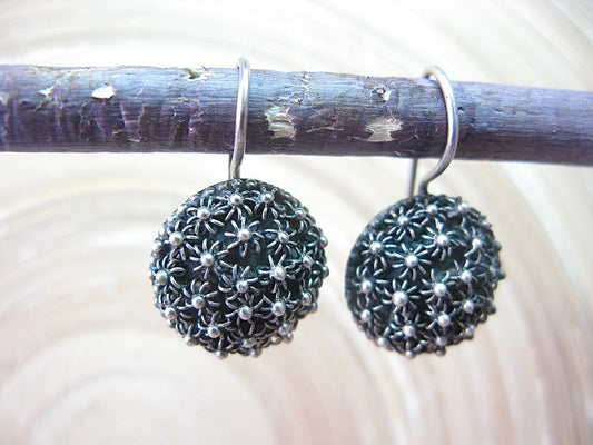 Sea Urchin Balinese Handmade Oxidized 925 Sterling Silver Ear Wire Earrings Earrings Faith Owl - Faith Owl