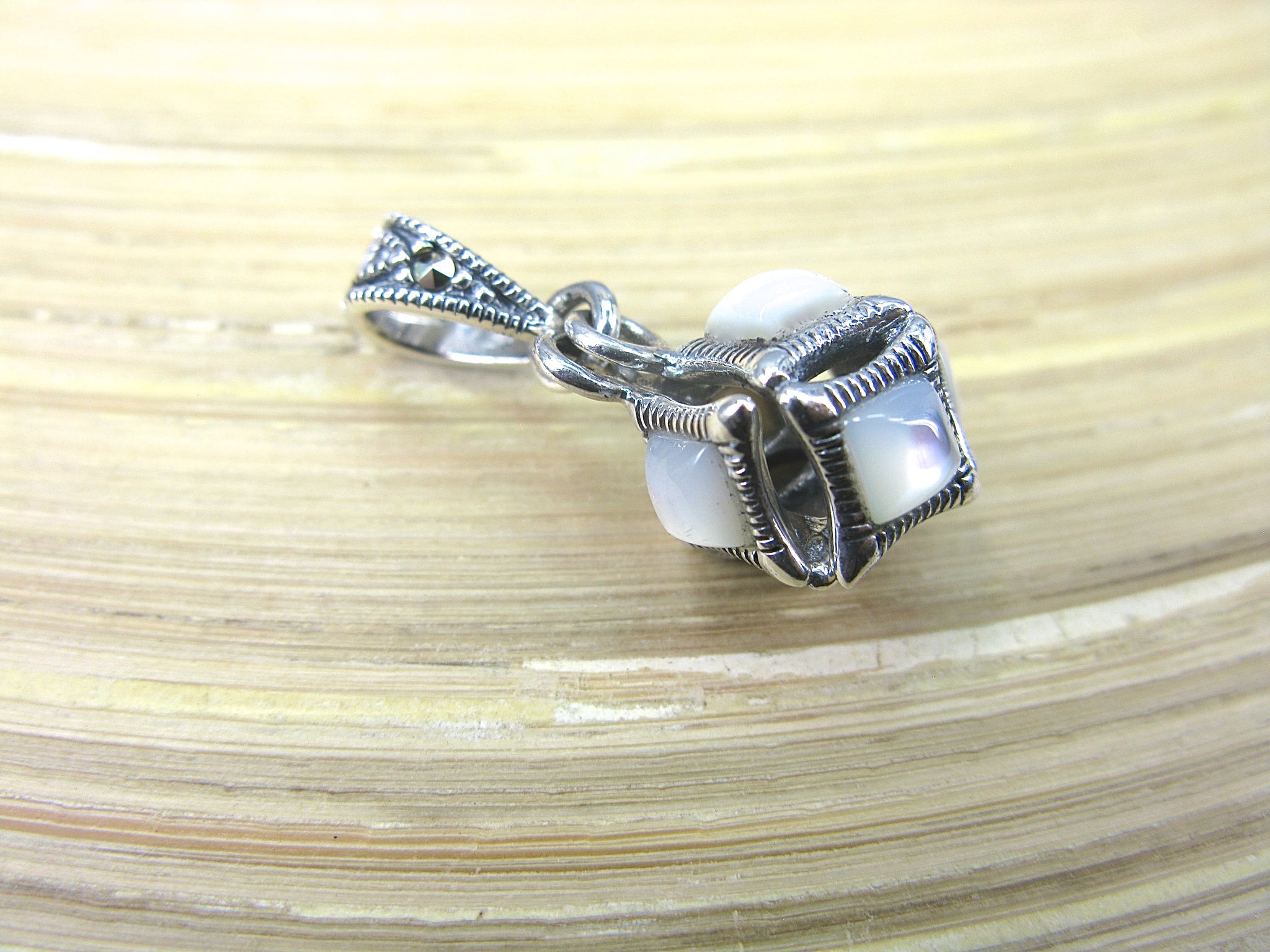 Cube Box Marcasite Mother of Pearl Pendant in 925 Sterling Silver