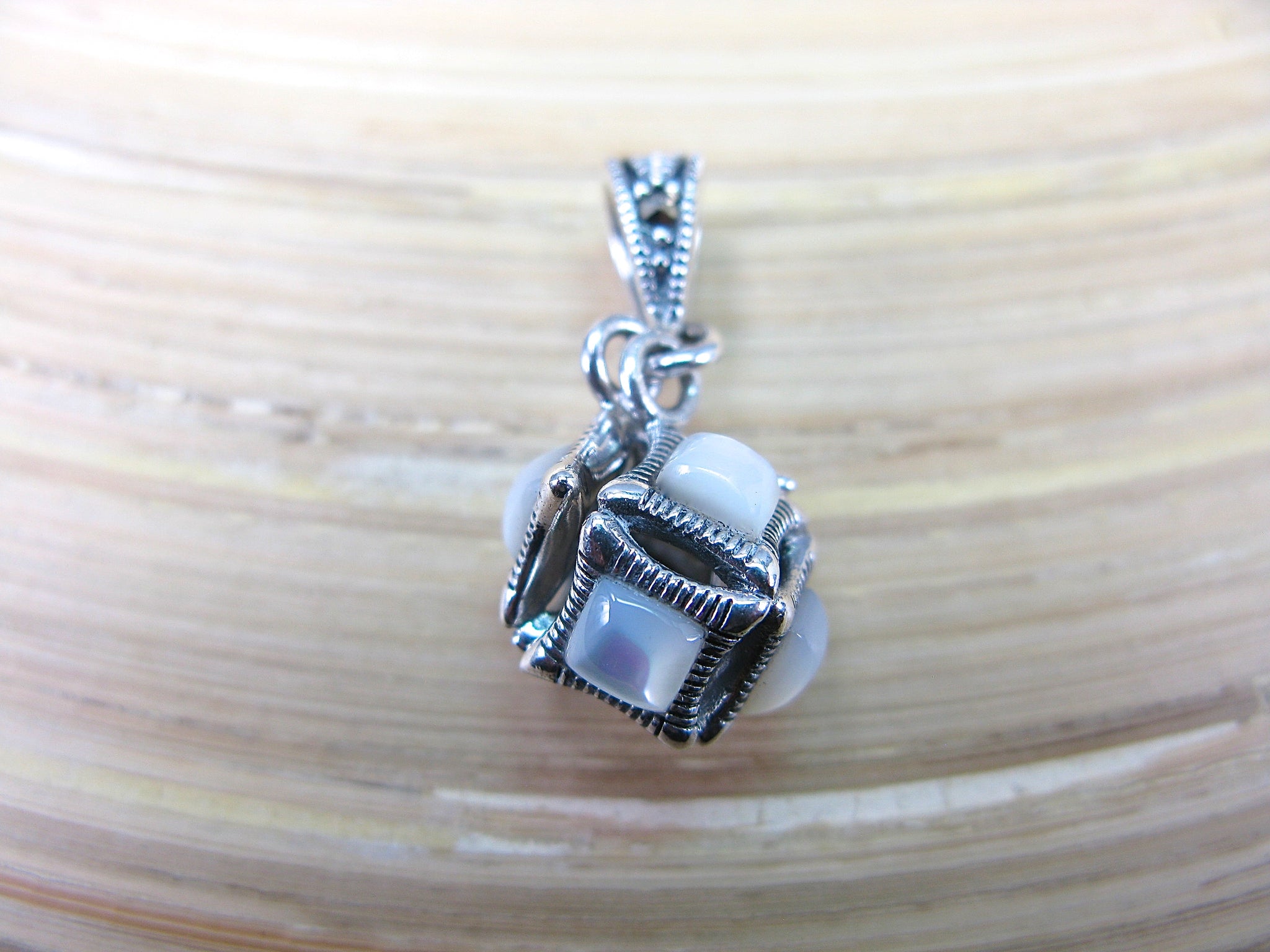 Cube Box Marcasite Mother of Pearl Pendant in 925 Sterling Silver