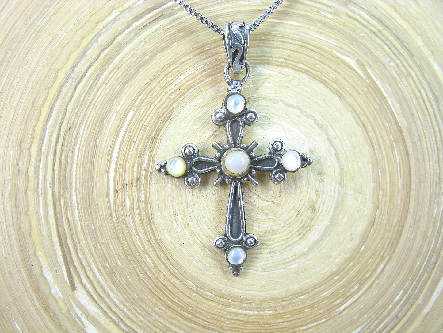 Cross Mother of Pearl Oxidized 925 Sterling Silver Pendant