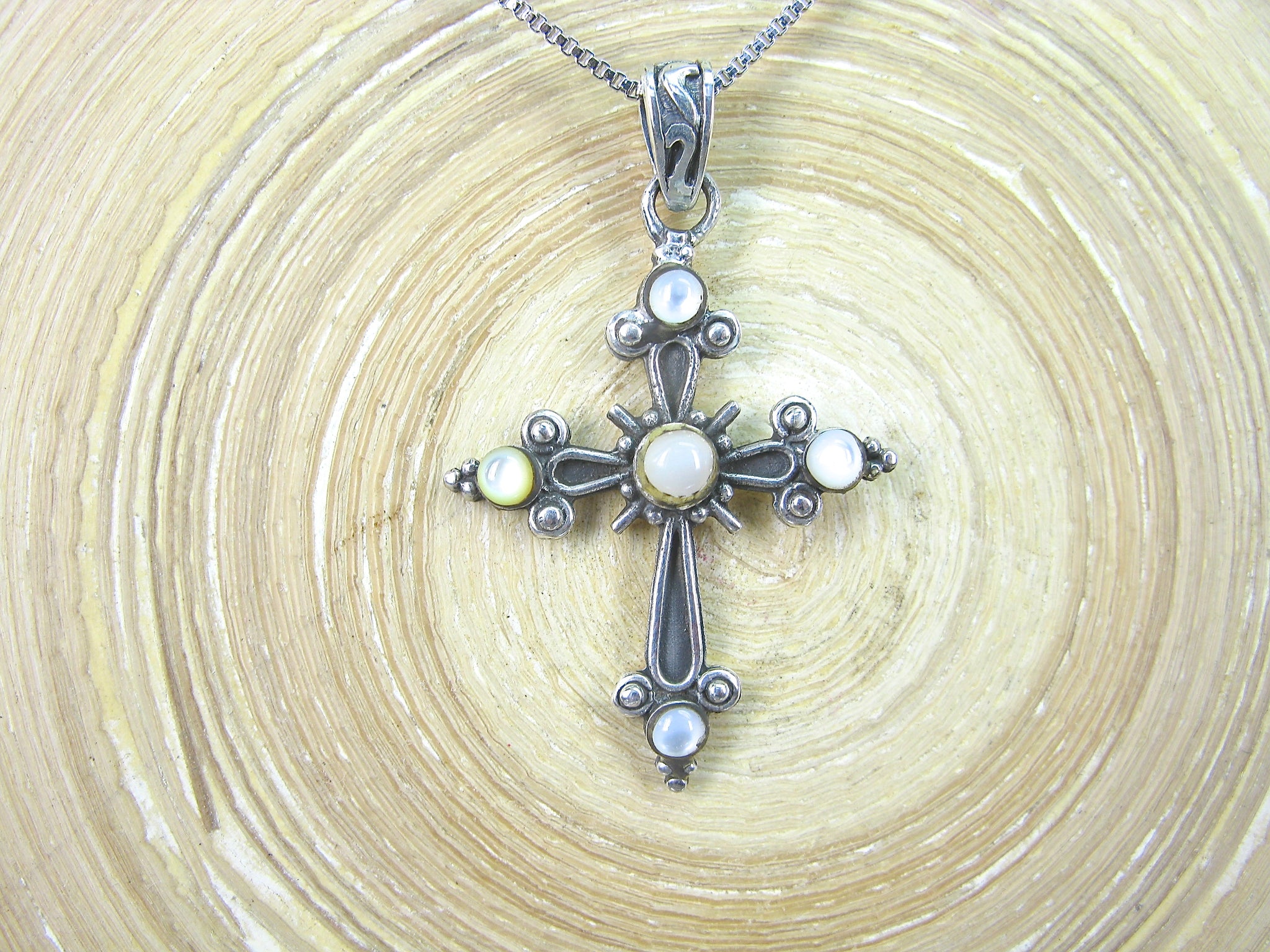 Cross Mother of Pearl Oxidized 925 Sterling Silver Pendant