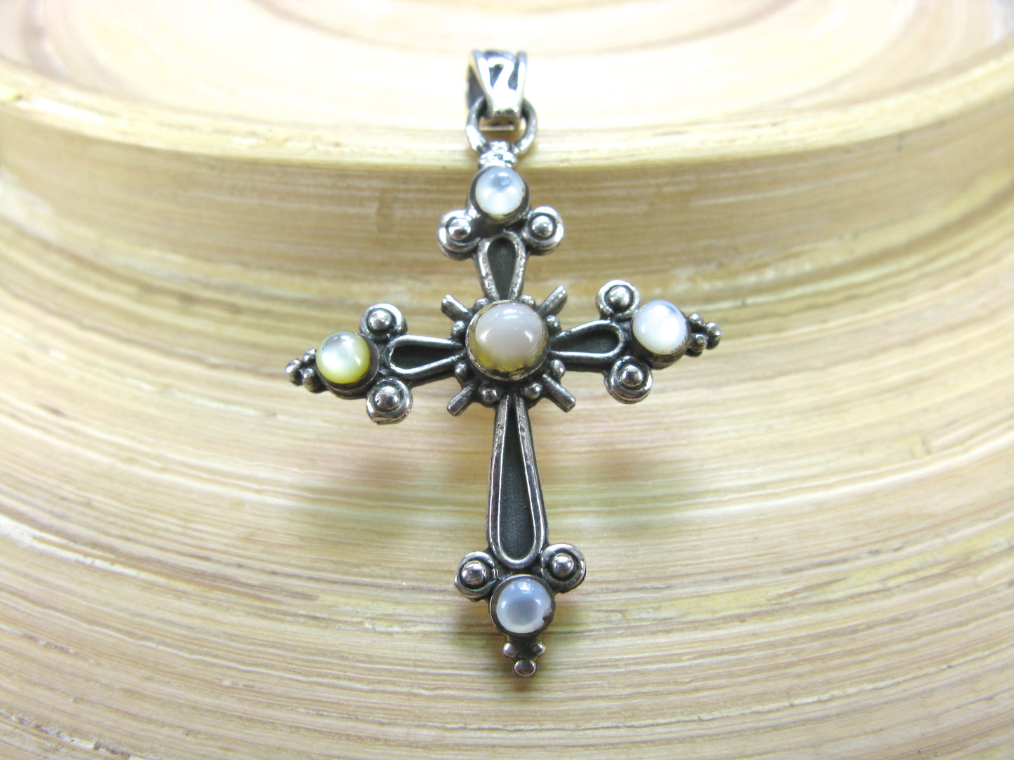 Cross Mother of Pearl Oxidized 925 Sterling Silver Pendant