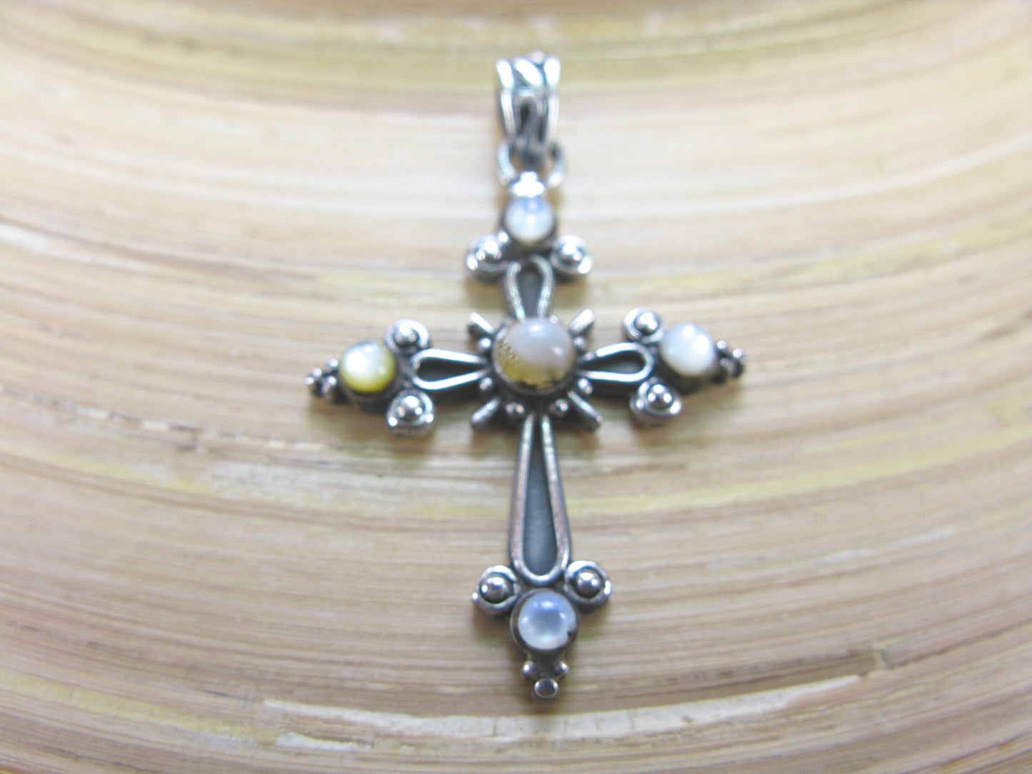 Cross Mother of Pearl Oxidized 925 Sterling Silver Pendant