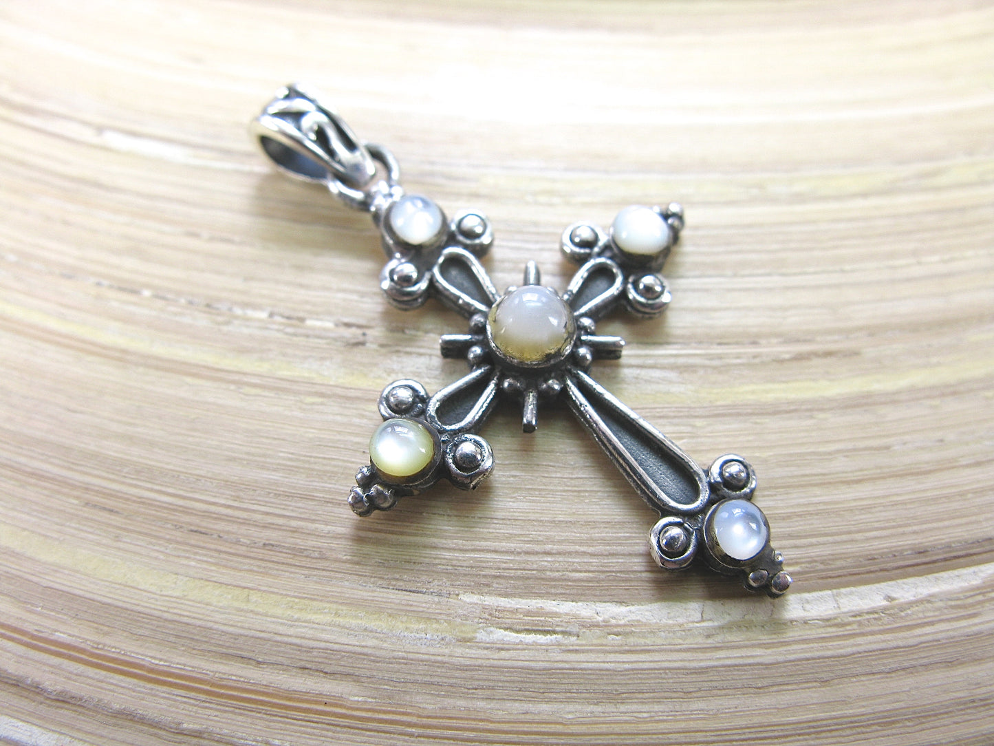 Cross Mother of Pearl Oxidized 925 Sterling Silver Pendant