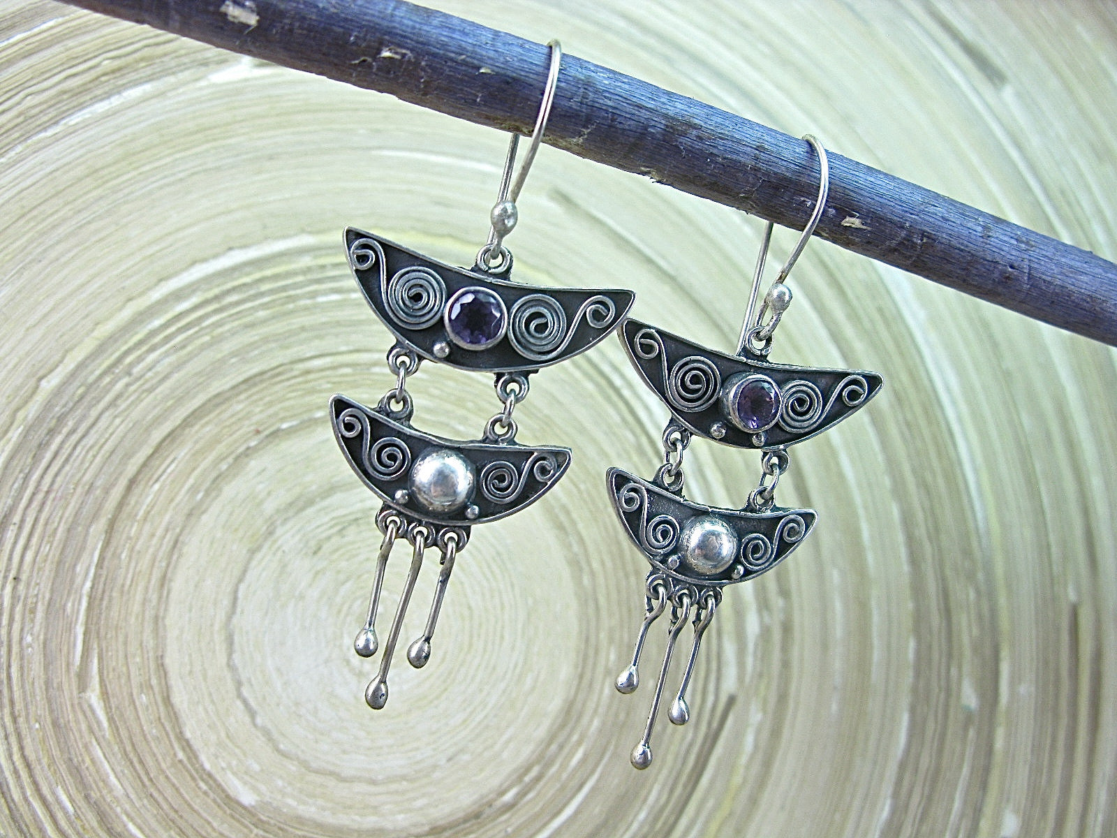 Amethyst Balinese Dangle Oxidized 925 Sterling Silver Earrings Earrings - Faith Owl