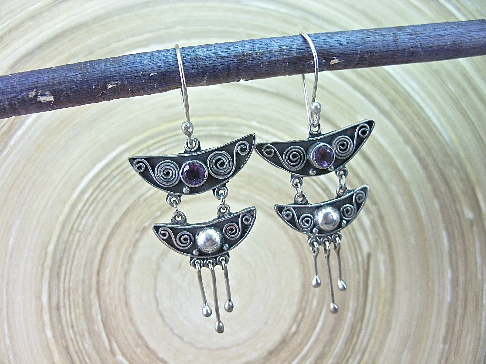 Amethyst Balinese Dangle Oxidized 925 Sterling Silver Earrings Earrings - Faith Owl