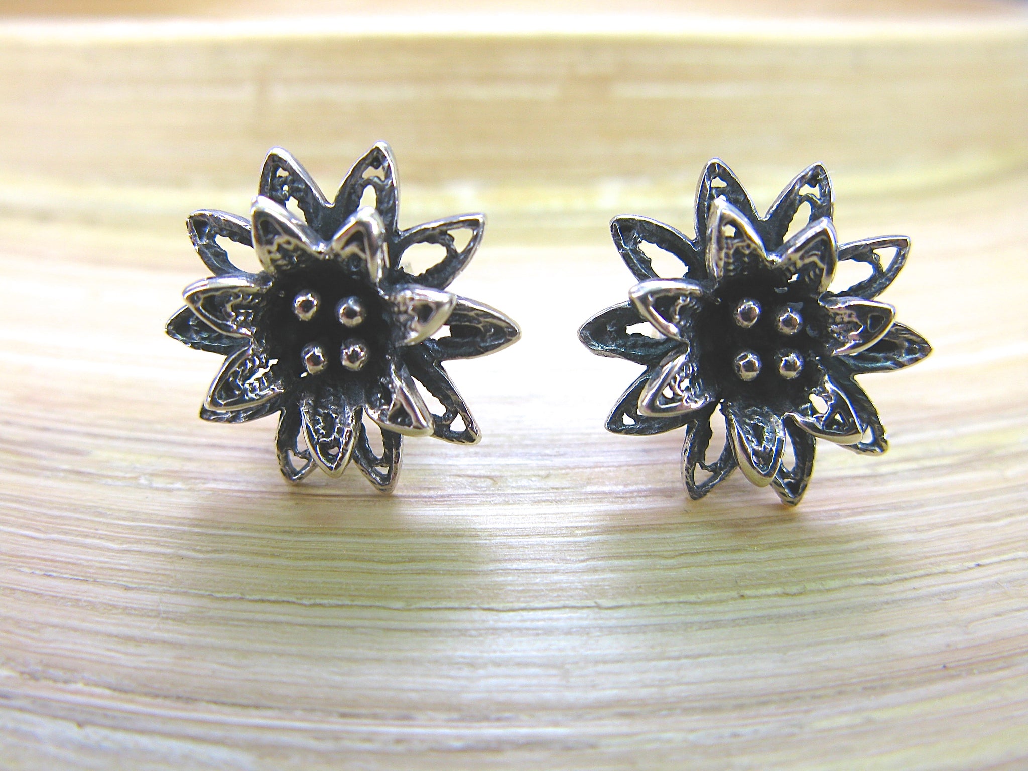 Sunflower Oxidized Fiigree Stud Earrings in 925 Sterling Silver