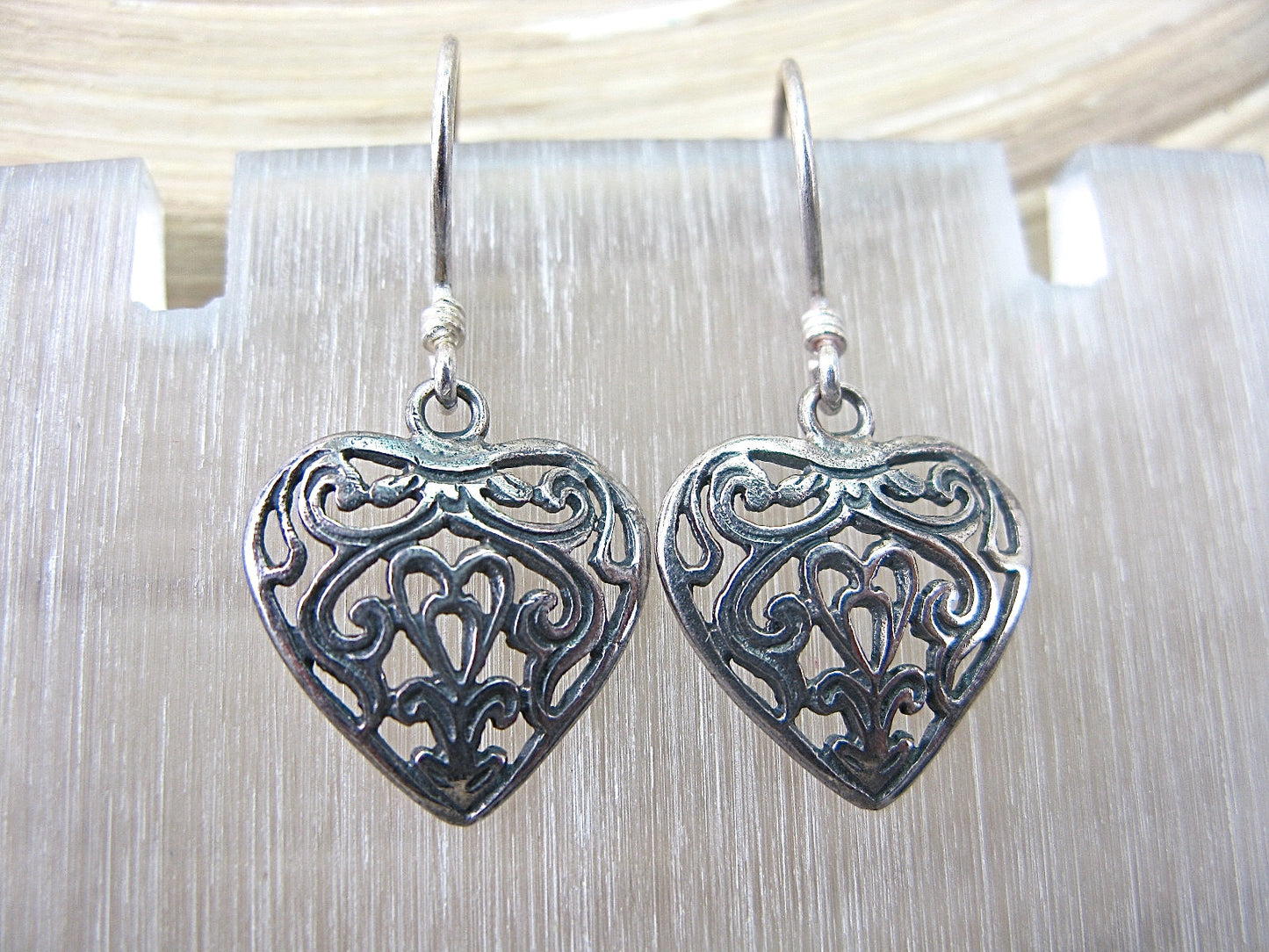 Filigree Heart Dangle Oxidized 925 Sterling Silver Earrings Earrings - Faith Owl