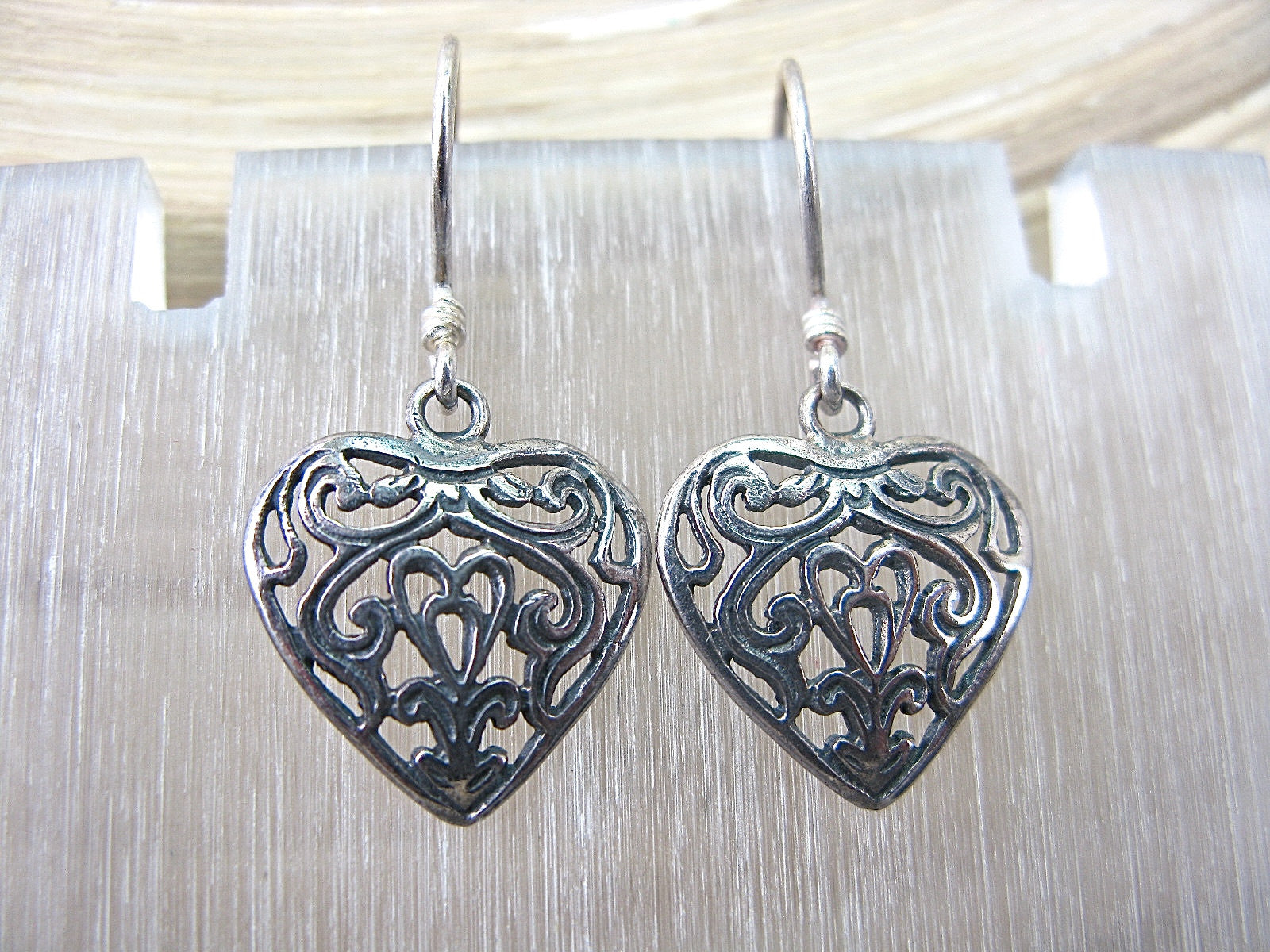 Filigree Heart Dangle Oxidized 925 Sterling Silver Earrings Earrings - Faith Owl