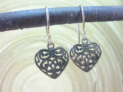 Filigree Heart Dangle Oxidized 925 Sterling Silver Earrings Earrings - Faith Owl