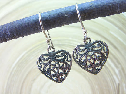 Filigree Heart Dangle Oxidized 925 Sterling Silver Earrings Earrings - Faith Owl