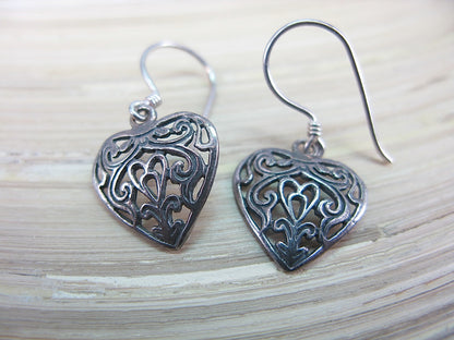 Filigree Heart Dangle Oxidized 925 Sterling Silver Earrings Earrings - Faith Owl