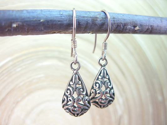 Filigree Lace Pear Shaped Drop 925 Sterling Silver Earrings Earrings - Faith Owl