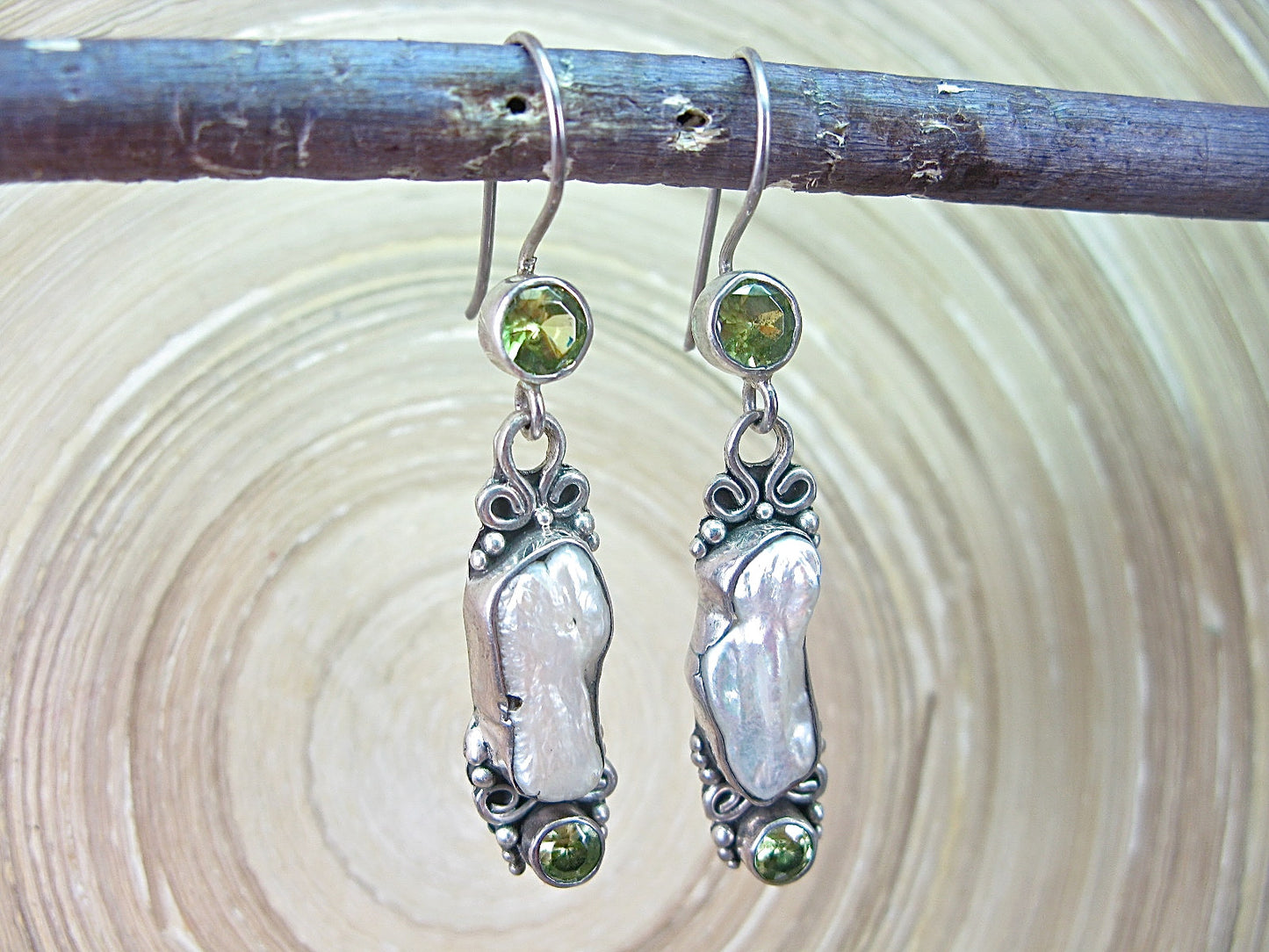 Balinese Pearl Peridot Gemstone Dangle 925 Sterling Silver Earrings Earrings - Faith Owl