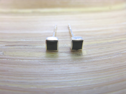 Square Onyx 4mm Minimalist Stud Earrings in 925 Sterling Silver