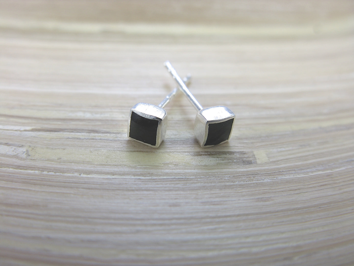 Square Onyx 4mm Minimalist Stud Earrings in 925 Sterling Silver