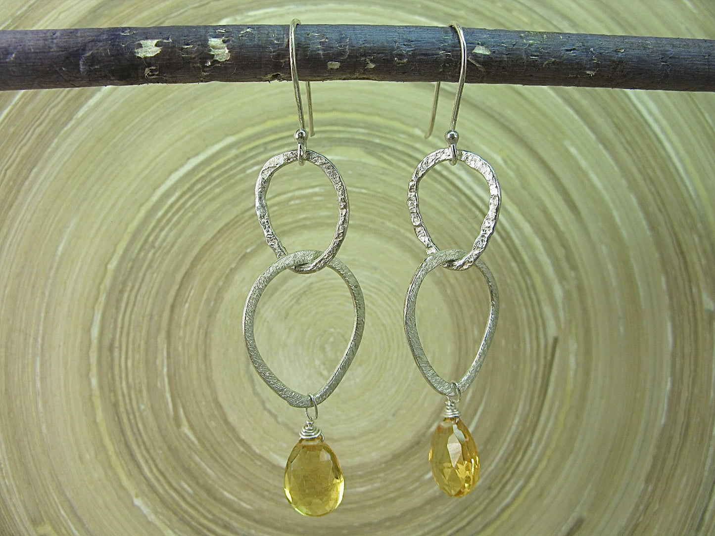 Citrine Hammered Dangle 925 Sterling Silver Earrings Earrings Faith Owl - Faith Owl