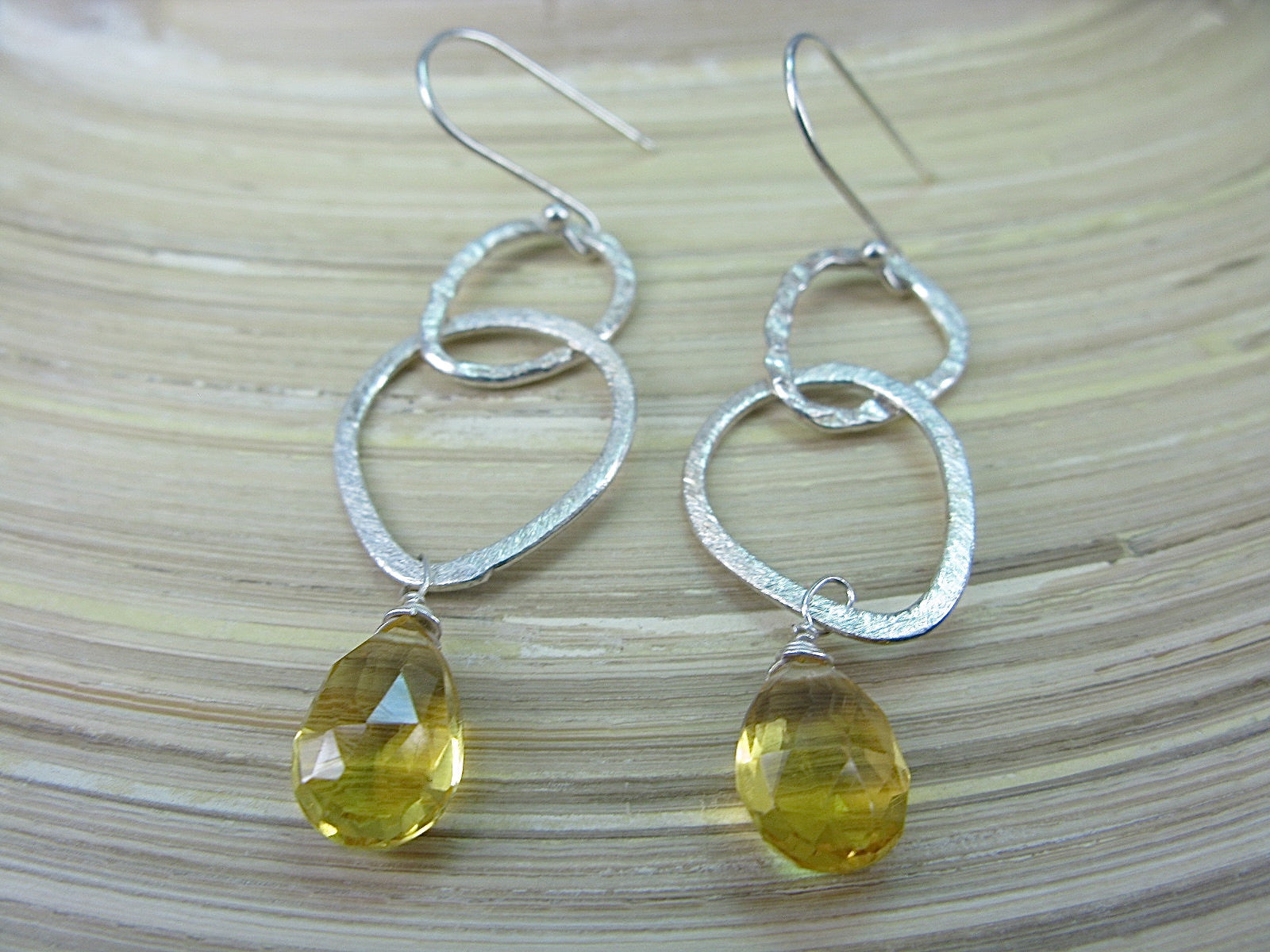 Citrine Hammered Dangle 925 Sterling Silver Earrings Earrings Faith Owl - Faith Owl