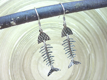 Fish Bone Hammered Dangle Drop 925 Sterling Silver Earrings Earrings - Faith Owl