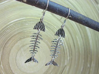 Fish Bone Hammered Dangle Drop 925 Sterling Silver Earrings Earrings - Faith Owl