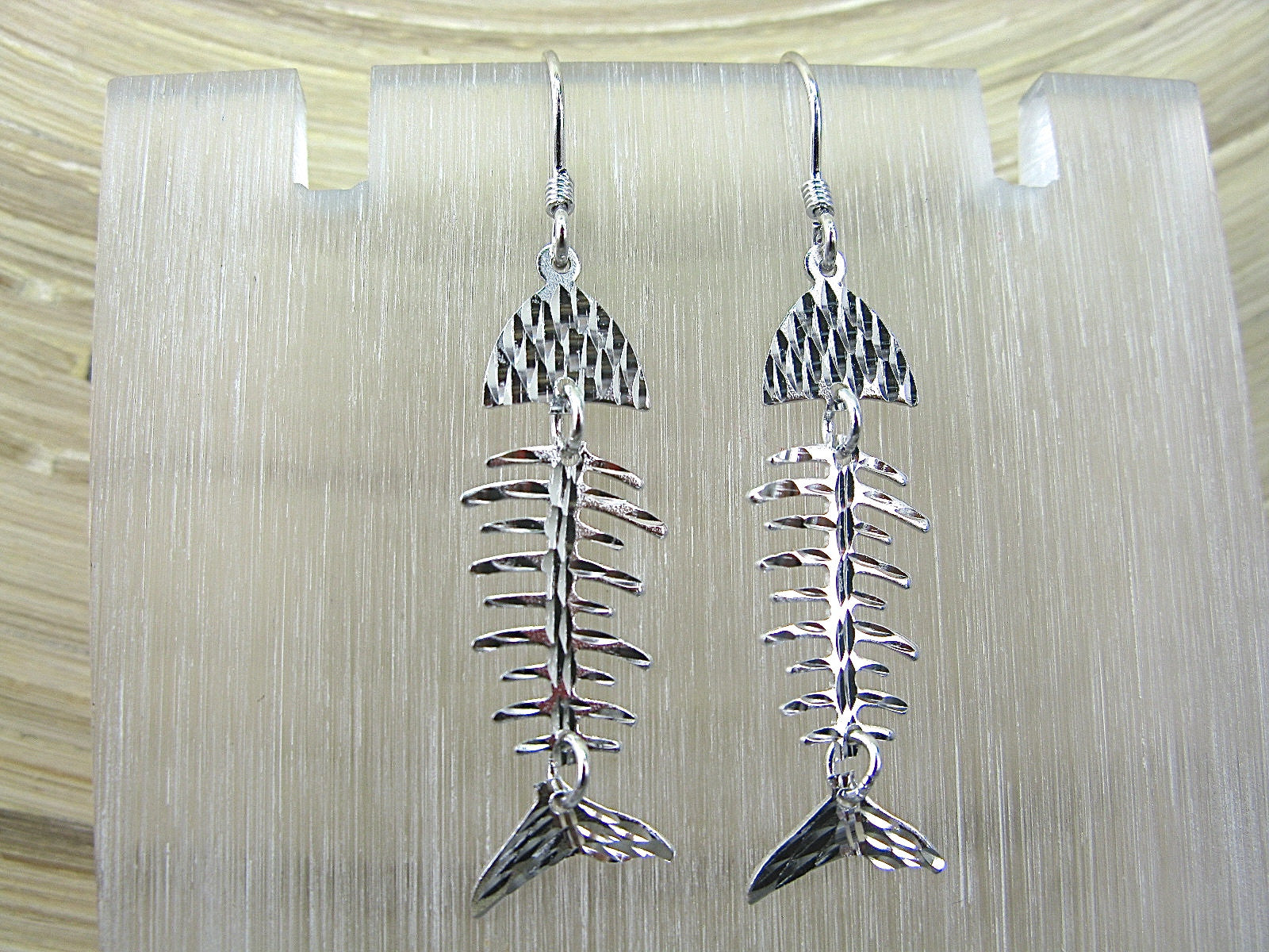 Fish Bone Hammered Dangle Drop 925 Sterling Silver Earrings Earrings - Faith Owl