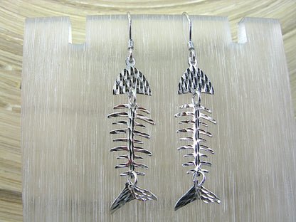 Fish Bone Hammered Dangle Drop 925 Sterling Silver Earrings Earrings - Faith Owl