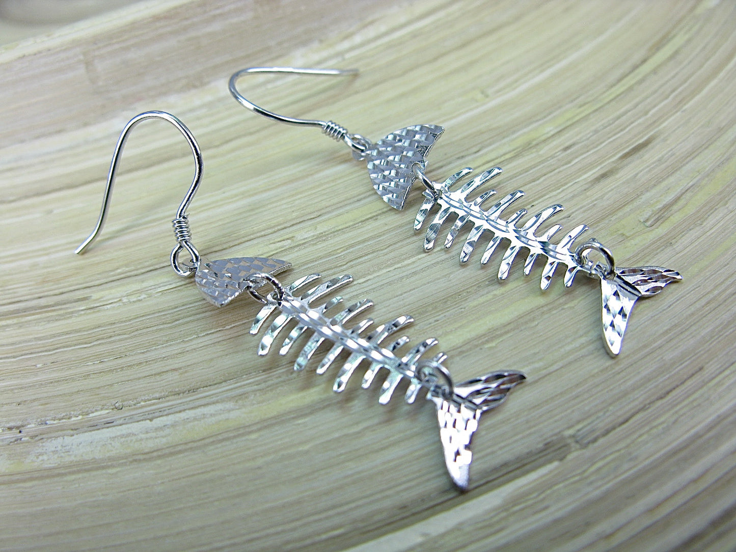 Fish Bone Hammered Dangle Drop 925 Sterling Silver Earrings Earrings - Faith Owl