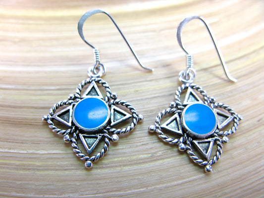 Turquoise Tribal Dangle 925 Sterling Silver Earrings