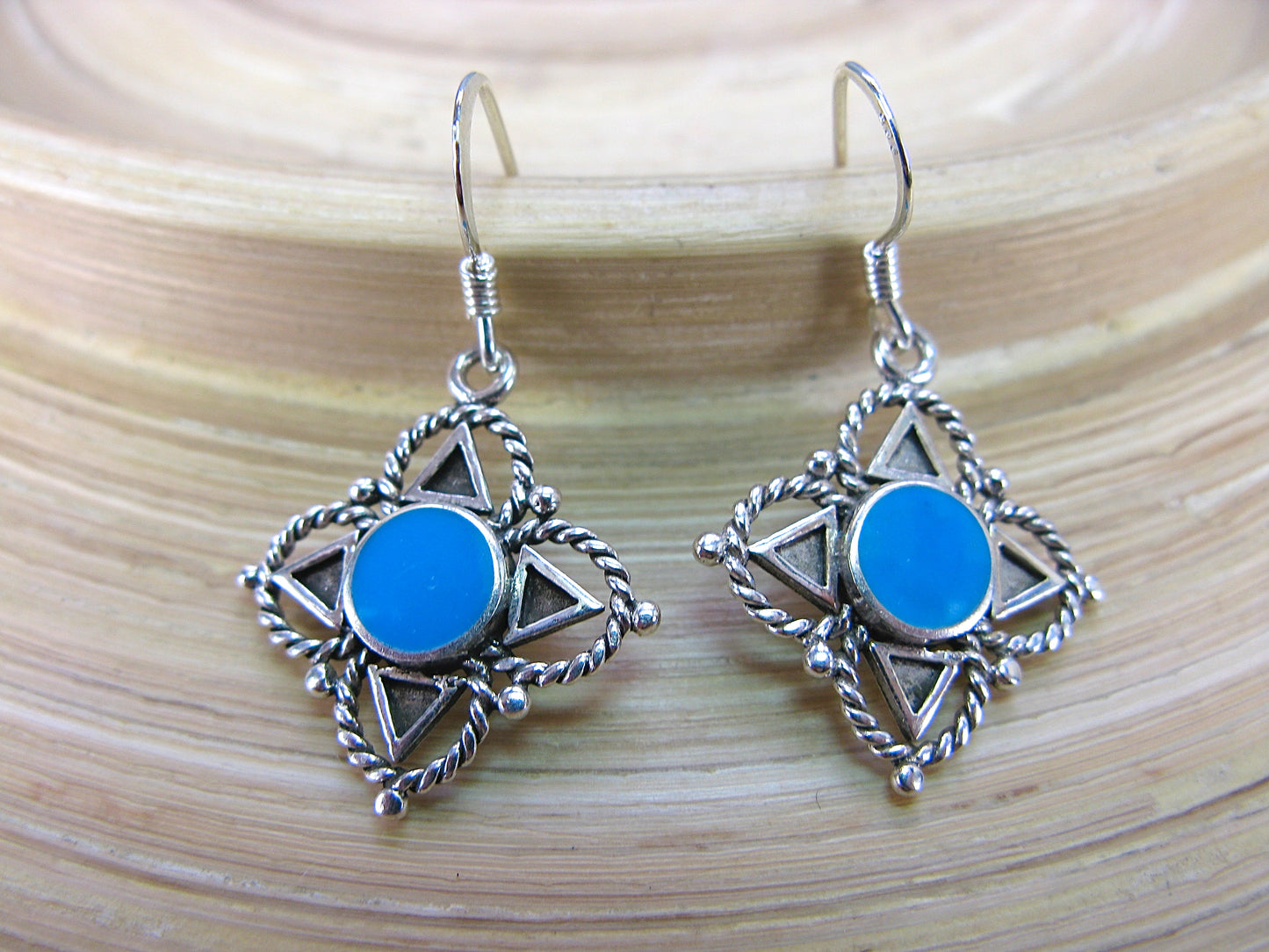 Turquoise Tribal Dangle 925 Sterling Silver Earrings