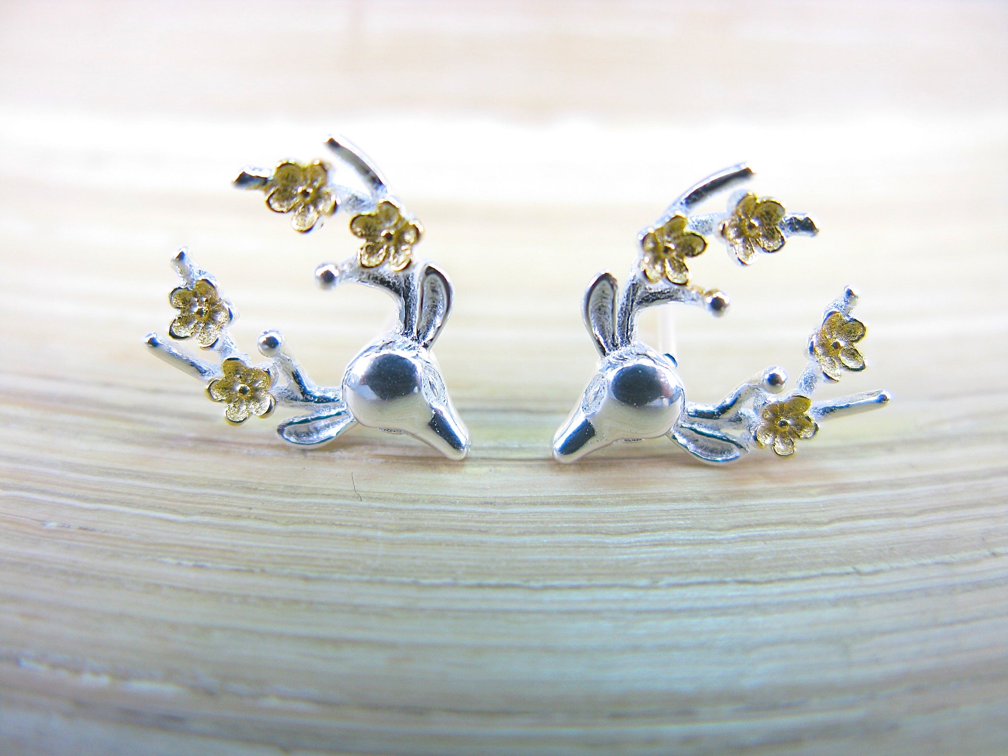 Reindeer Flower Two Tone Gold Plated 925 Sterling Silver Stud Earrings