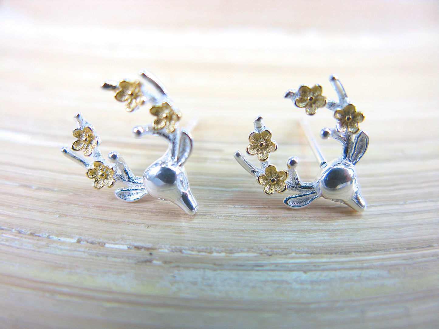 Reindeer Flower Two Tone Gold Plated 925 Sterling Silver Stud Earrings