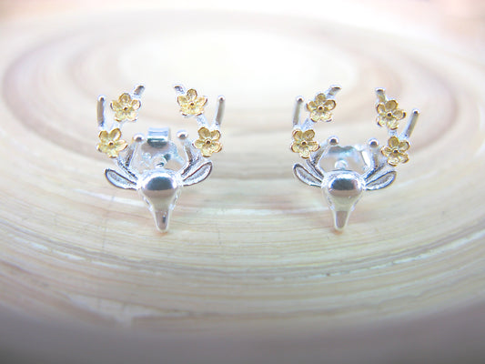 Reindeer Flower Two Tone Gold Plated 925 Sterling Silver Stud Earrings